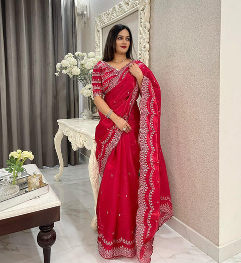 Elegant Designer Sequins Saree with Stitched Blouse (RED)