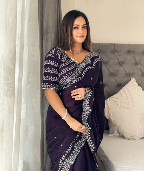 Elegant Designer Sequins Saree with Stitched Blouse (Black)