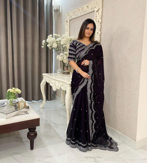 Elegant Designer Sequins Saree with Stitched Blouse (Black)
