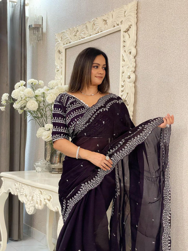 Elegant Designer Sequins Saree with Stitched Blouse (Black)