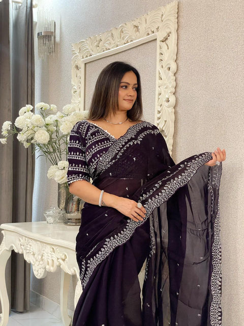 Elegant Designer Sequins Saree with Stitched Blouse (Black)