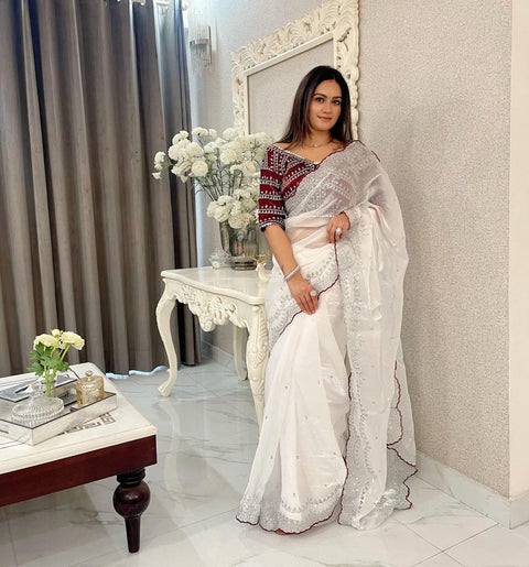 Elegant Designer Sequins Saree with Stitched Blouse (White)