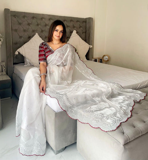 Elegant Designer Sequins Saree with Stitched Blouse (White)