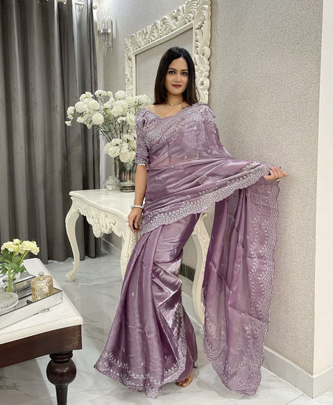 Elegant Designer Sequins Saree with Stitched Blouse (Onion)