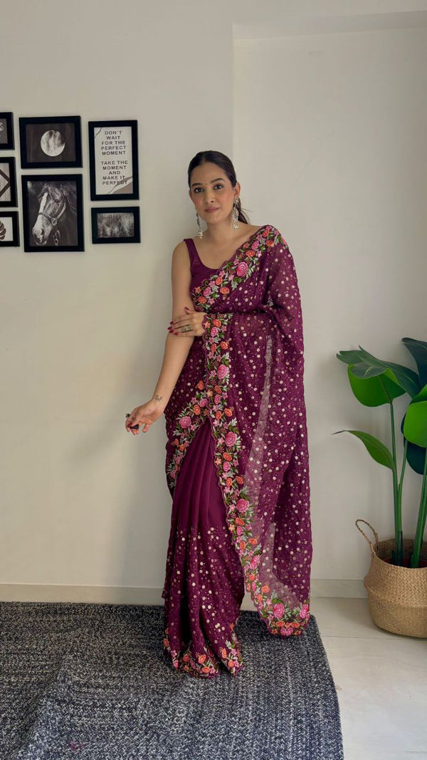 Beautiful Sequins Saree with Multi-Colored Embroidery Work