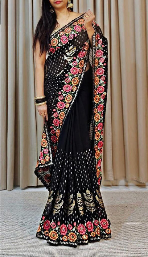 Elegant Georgette Saree with Sequins & Embroidery Work – A Must-Have for Your Wardrobe