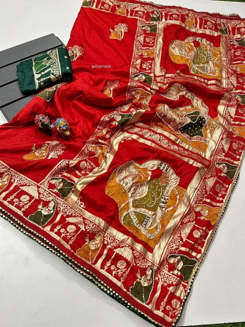 Premium HandWork Original Dola Silk Saree with Elegant Zari & Stone Work (RED)