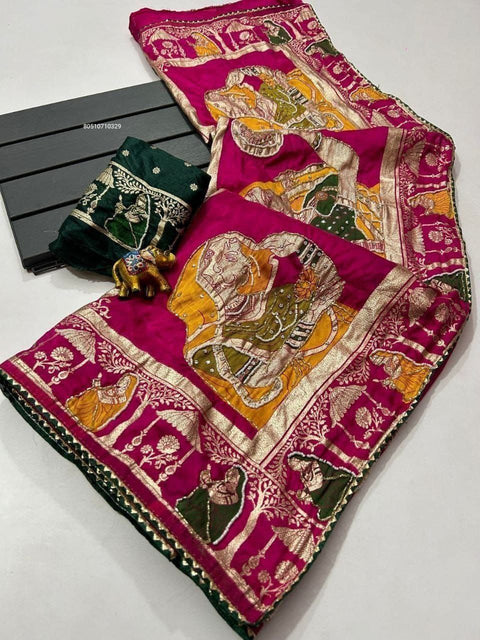 Premium HandWork Original Dola Silk Saree with Elegant Zari & Stone Work (RANI)