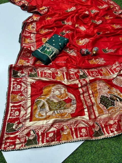 Premium HandWork Original Dola Silk Saree with Elegant Zari & Stone Work (RED)