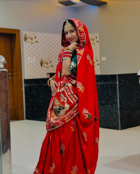 Premium HandWork Original Dola Silk Saree with Elegant Zari & Stone Work (RED)