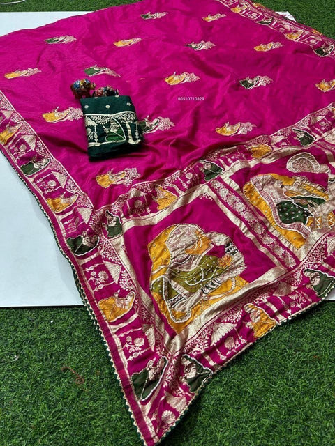 Premium HandWork Original Dola Silk Saree with Elegant Zari & Stone Work (RANI)