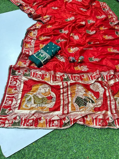 Premium HandWork Original Dola Silk Saree with Elegant Zari & Stone Work (RED)