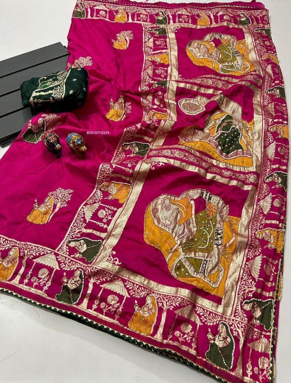 Premium HandWork Original Dola Silk Saree with Elegant Zari & Stone Work (RANI)