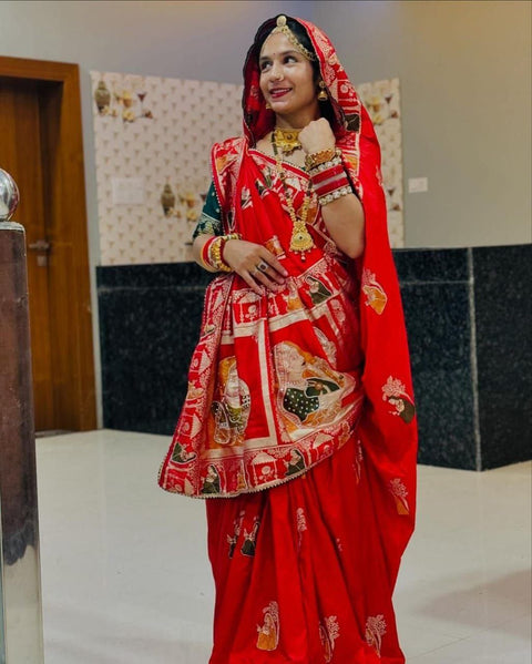 Premium HandWork Original Dola Silk Saree with Elegant Zari & Stone Work (RED)