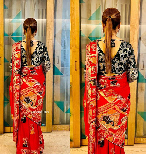 Premium HandWork Original Dola Silk Saree with Elegant Zari & Stone Work (RED)