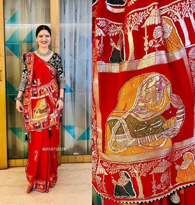 Premium HandWork Original Dola Silk Saree with Elegant Zari & Stone Work (RED)