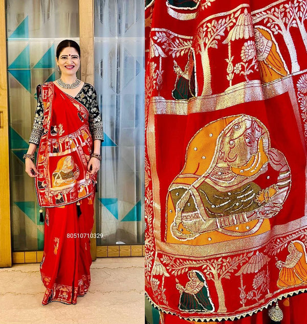 Premium HandWork Original Dola Silk Saree with Elegant Zari & Stone Work (RED)