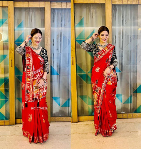 Premium HandWork Original Dola Silk Saree with Elegant Zari & Stone Work (RED)