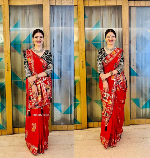 Premium HandWork Original Dola Silk Saree with Elegant Zari & Stone Work (RED)