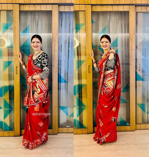 Premium HandWork Original Dola Silk Saree with Elegant Zari & Stone Work (RED)