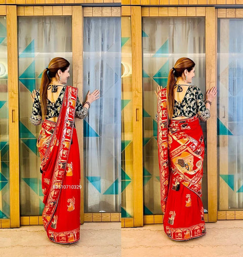 Premium HandWork Original Dola Silk Saree with Elegant Zari & Stone Work (RED)