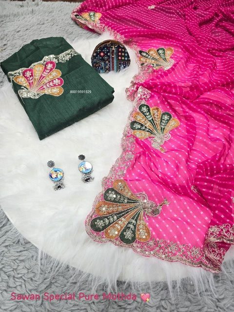 Premium Rajasthani Mothda Saree with Intricate Peacock Embroidery & Sequins