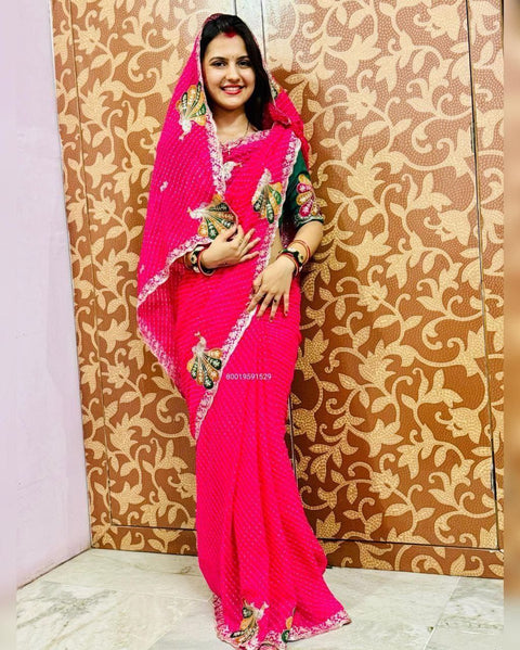 Premium Rajasthani Mothda Saree with Intricate Peacock Embroidery & Sequins