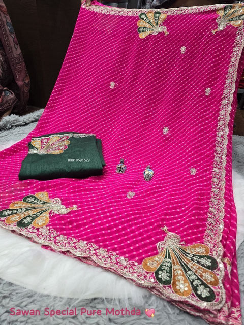 Premium Rajasthani Mothda Saree with Intricate Peacock Embroidery & Sequins