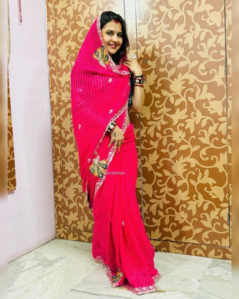 Premium Rajasthani Mothda Saree with Intricate Peacock Embroidery & Sequins