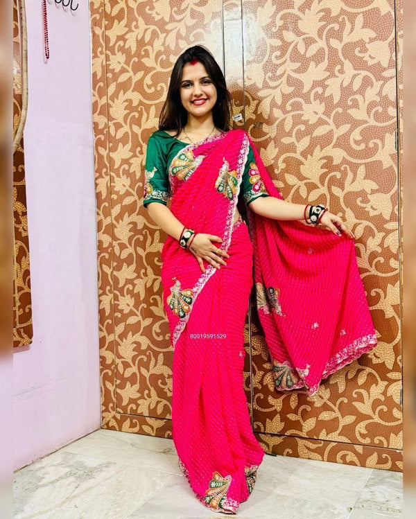 Premium Rajasthani Mothda Saree with Intricate Peacock Embroidery & Sequins