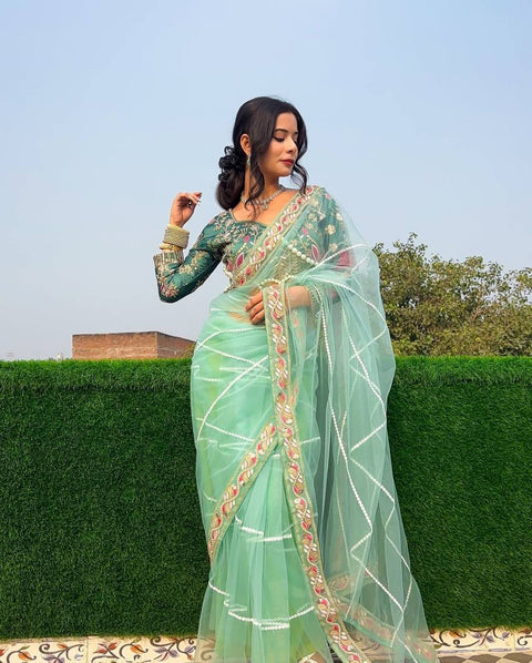 New Superhit Net Saree with Heavy Embroidery & Pearl Moti Work