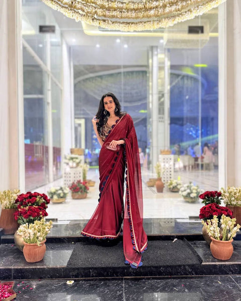 New Blooming Rangoli Saree with Pearl Moti & Embroidery – Celebrity-Inspired 🌟