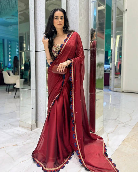 New Blooming Rangoli Saree with Pearl Moti & Embroidery – Celebrity-Inspired 🌟