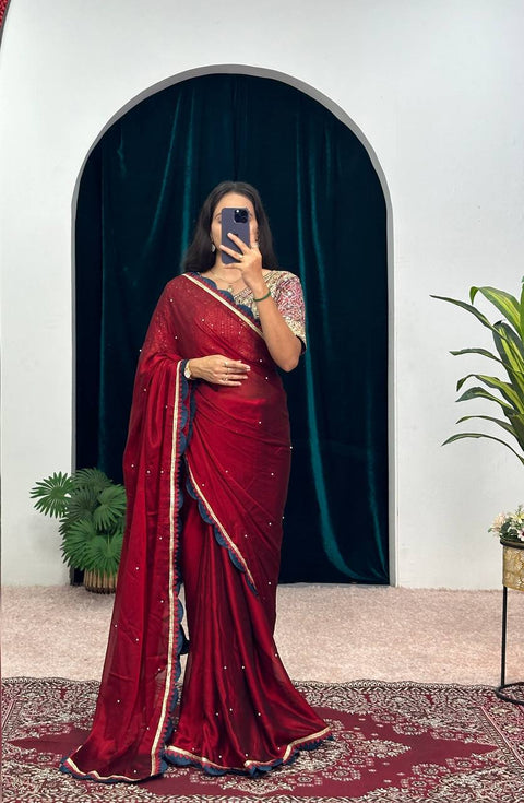 New Blooming Rangoli Saree with Pearl Moti & Embroidery – Celebrity-Inspired 🌟