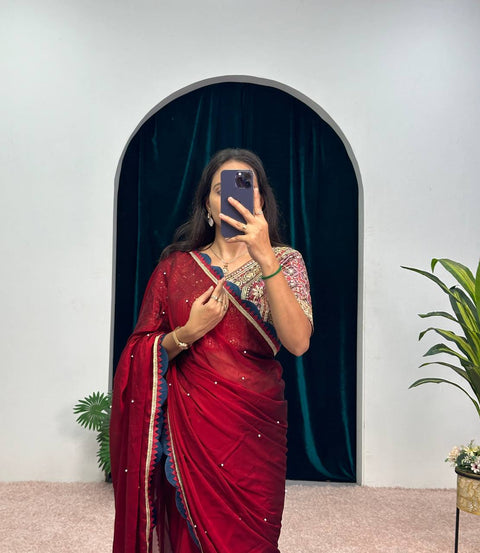 New Blooming Rangoli Saree with Pearl Moti & Embroidery – Celebrity-Inspired 🌟