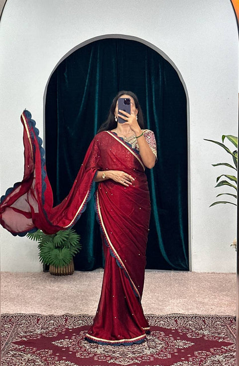 New Blooming Rangoli Saree with Pearl Moti & Embroidery – Celebrity-Inspired 🌟
