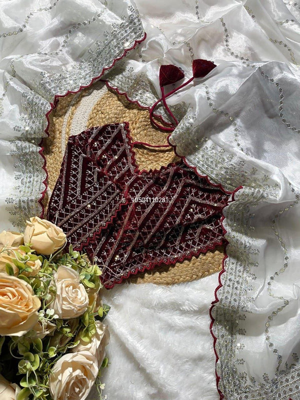 Pure Zimmy Choo Silk Designer Saree with Velvet Blouse – Stunning C-Pallu Embroidery