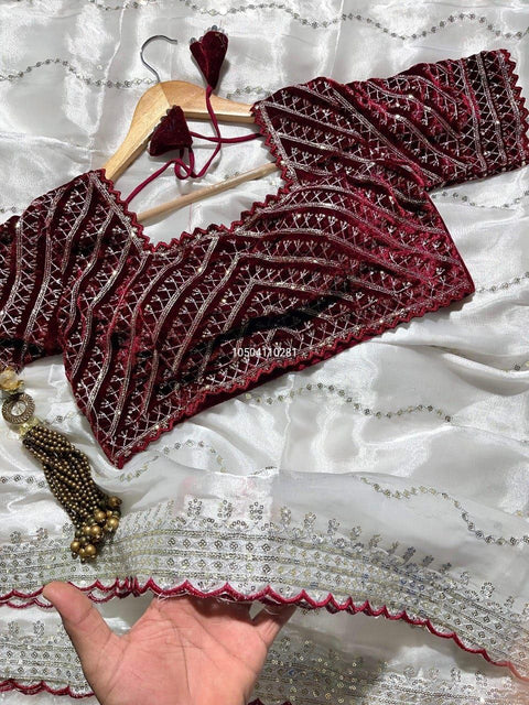 Pure Zimmy Choo Silk Designer Saree with Velvet Blouse – Stunning C-Pallu Embroidery