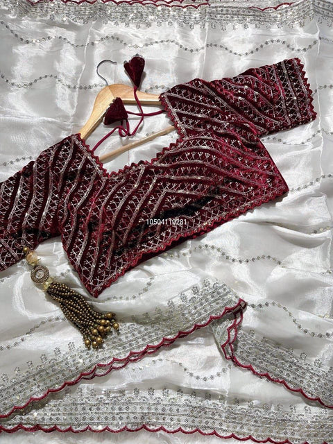 Pure Zimmy Choo Silk Designer Saree with Velvet Blouse – Stunning C-Pallu Embroidery