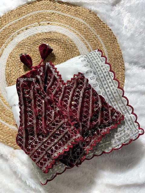 Pure Zimmy Choo Silk Designer Saree with Velvet Blouse – Stunning C-Pallu Embroidery