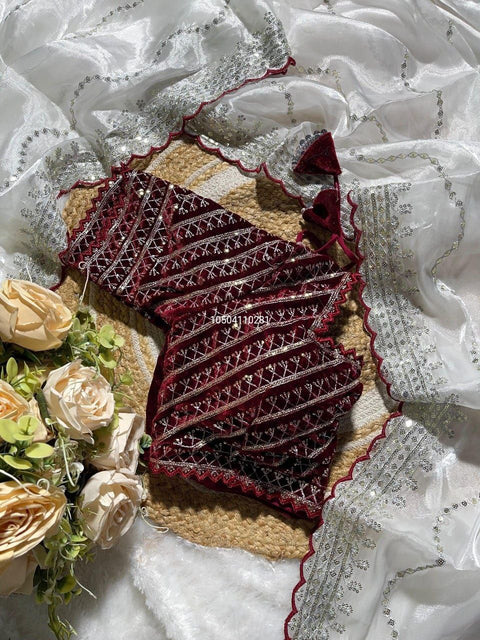 Pure Zimmy Choo Silk Designer Saree with Velvet Blouse – Stunning C-Pallu Embroidery