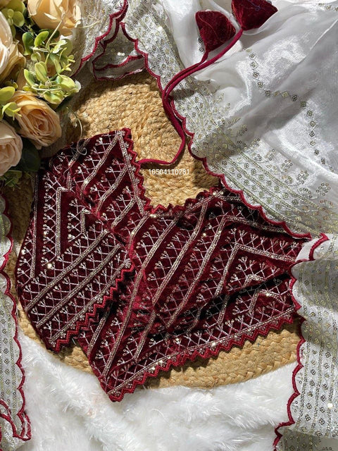 Pure Zimmy Choo Silk Designer Saree with Velvet Blouse – Stunning C-Pallu Embroidery