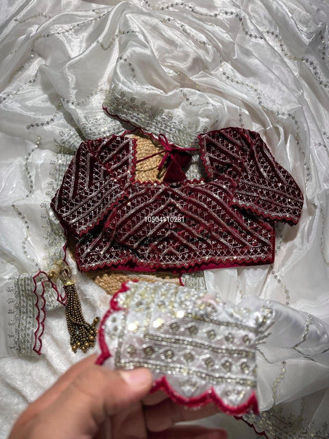 Pure Zimmy Choo Silk Designer Saree with Velvet Blouse – Stunning C-Pallu Embroidery