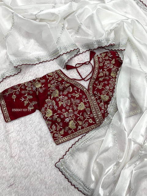 Gorgeous Soft G-MEE Satin Saree with Sequence Work & Stitched Blouse – Perfect for Parties