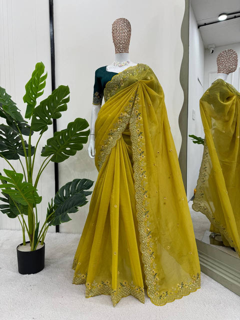 💛 Haldi Special Designer Saree in Crunchy Silk – Beautiful Thread & Sequence Work! 💃