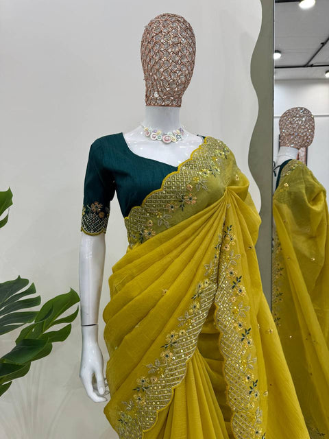 💛 Haldi Special Designer Saree in Crunchy Silk – Beautiful Thread & Sequence Work! 💃