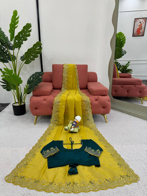 💛 Haldi Special Designer Saree in Crunchy Silk – Beautiful Thread & Sequence Work! 💃