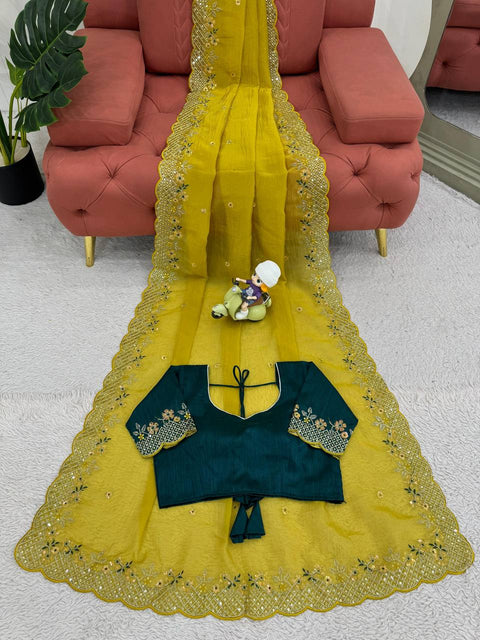 💛 Haldi Special Designer Saree in Crunchy Silk – Beautiful Thread & Sequence Work! 💃