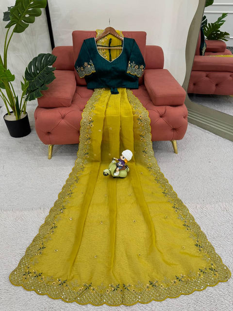 💛 Haldi Special Designer Saree in Crunchy Silk – Beautiful Thread & Sequence Work! 💃