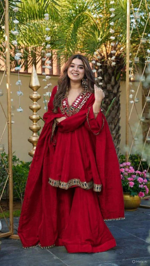 AliyaCut Kediya Style Mirror Work Palazzo Set | Chinon Fabric | Festive & Wedding Wear Suit Set (1215-RED)